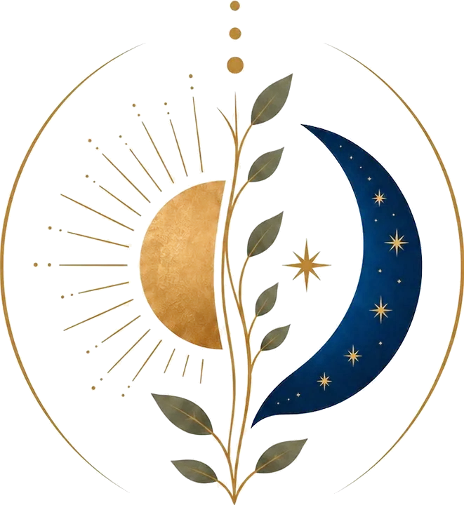 Éclore & sens — l'emblème : un soleil d'or, une jeune pousse et un croissant de lune étoilé